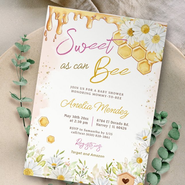 Sweet As Can Bee Pink Bumblebee Girl Baby Shower Invitation (Creator Uploaded)