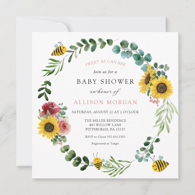 Sweet As Can Bee Pink Sunflower Baby Shower Invitation (Front)