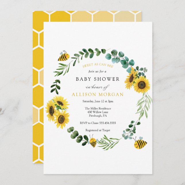 Sweet As Can Bee Sunflower Baby Shower Invitation (Front/Back)