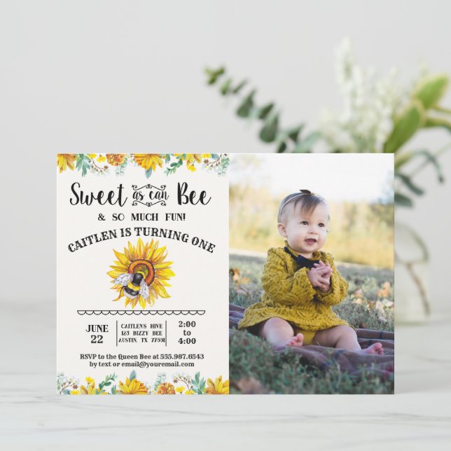 Sweet As Can Bee Sunflower Photo Invitation (Standing Front)