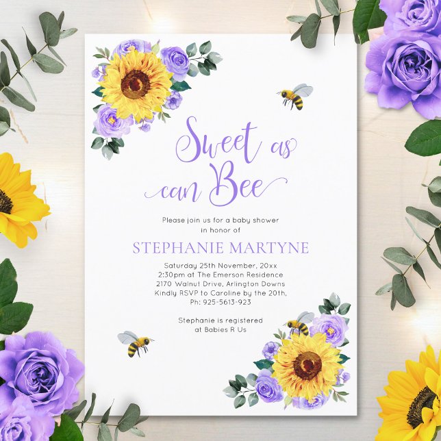 Sweet As Can Bee Sunflower Purple Baby Shower Invitation (Creator Uploaded)