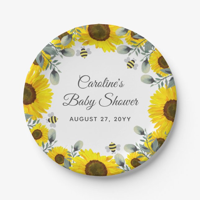 Sweet as can BEE Sunflowers Eucalyptus Baby Shower Paper Plate (Front)