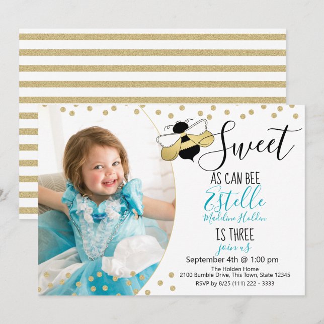 Sweet as can Bee Third Birthday Party Photo Invitation (Front/Back)