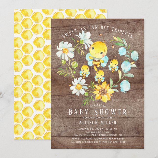 Sweet As Can Bee Triplets Baby Shower Invitation (Front/Back)