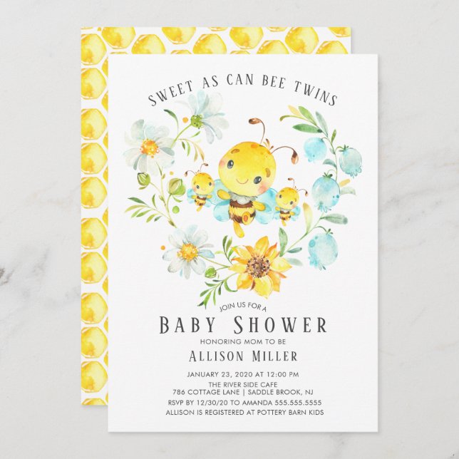 Sweet As Can Bee Twins Baby Shower Invitation (Front/Back)