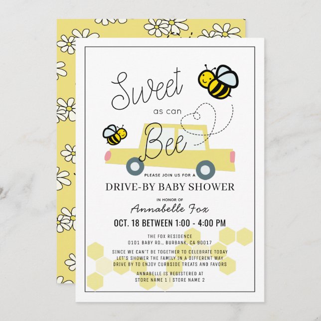 Sweet as can Bee White Drive-by Baby Shower Invitation (Front/Back)