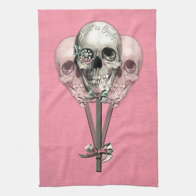 Sweet as Candy Lollipop skulls in pink. Tea Towel (Vertical)