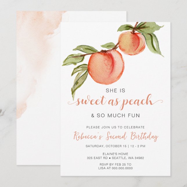 Sweet as Peach Girl Birthday Invitation (Front/Back)
