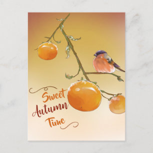 Sweet Autumn Cute Orange Persimmon Fruits & Bird Postcard