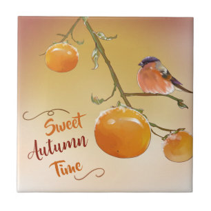 Sweet Autumn Cute Orange Persimmon Fruits & Bird  Tile