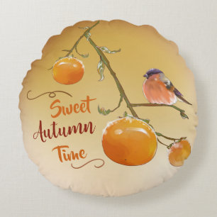 Sweet Autumn Orange Persimmon Fruits & Bird Round  Cushion
