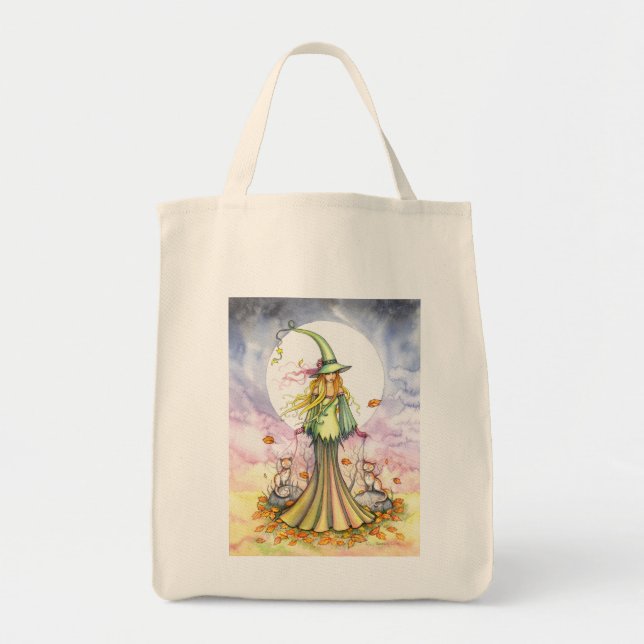 Sweet Autumn Witch Cat Tote Bag by Molly Harrison (Front)