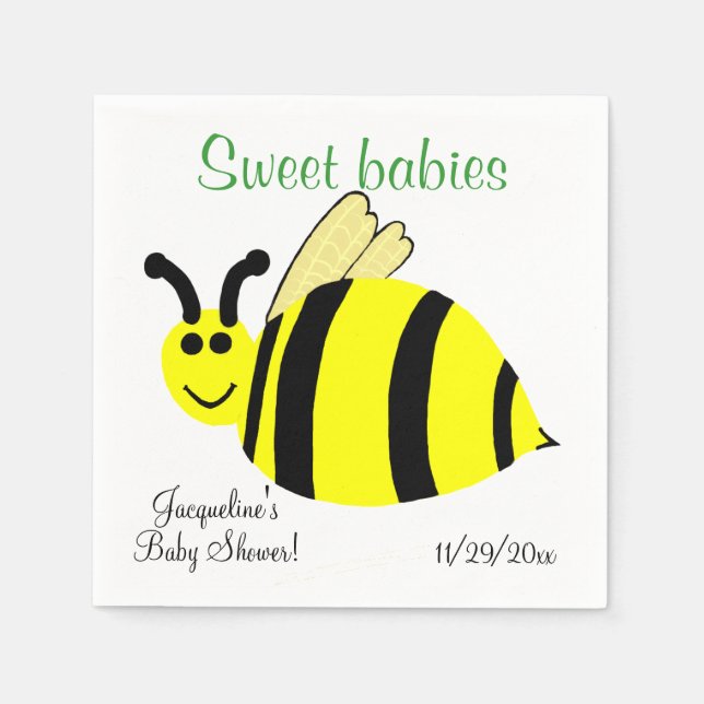 Sweet Babies Yellow Bumble Bee Twins Baby Shower Napkin (Front)