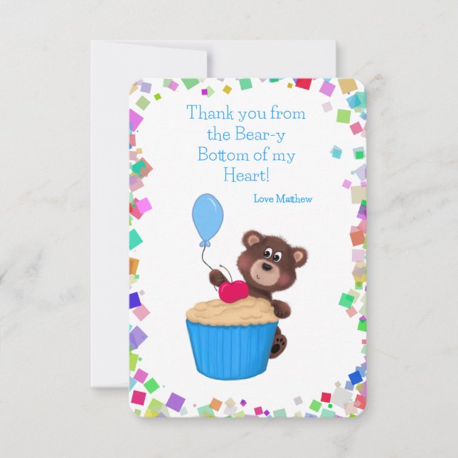 Sweet Baby Bear Blue Cupcake Birthday Thank You Card (Front)