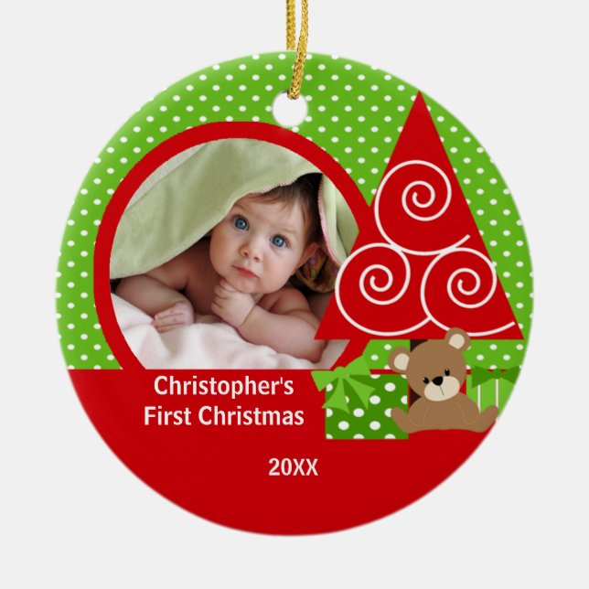 Sweet Baby Bear Boy Photo First Christmas Ornament (Front)