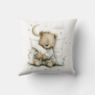 Sweet baby bear fast asleep on fluffy clouds cushion