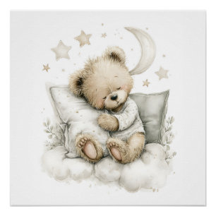 Sweet baby bear fast asleep on fluffy clouds poster