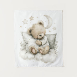 Sweet baby bear fast asleep on fluffy clouds tapestry