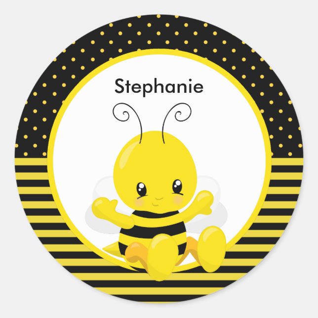 Sweet Baby Bee Custom Name Classic Round Sticker (Front)