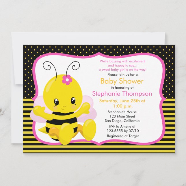 Sweet Baby Bee Girl Baby Shower Invitation (Front)