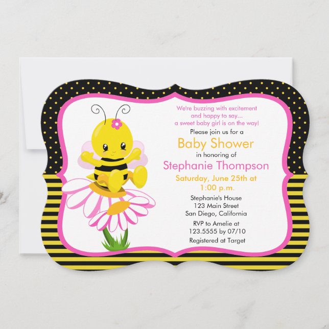 Sweet Baby Bee Girl Baby Shower Invitation (Front)