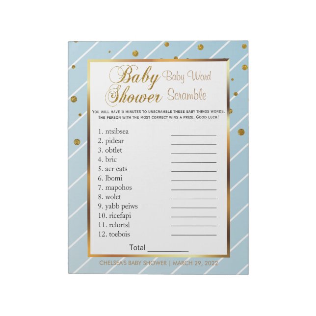 Sweet Baby Blue  and Gold Confetti - Scramble Notepad (Rotated)