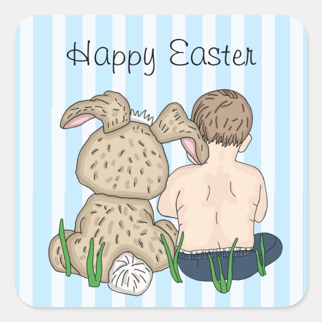 Sweet Baby Boy and Easter Bunny Happy Easter Square Sticker (Front)