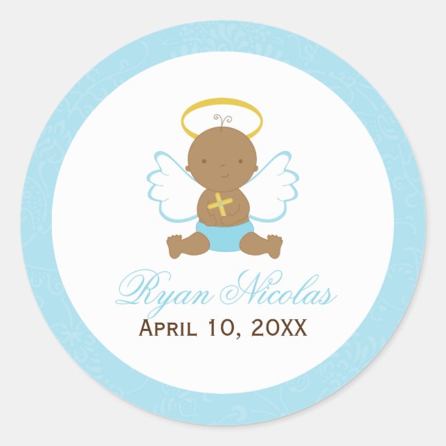 Sweet Baby Boy Baptism Classic Round Sticker (Front)
