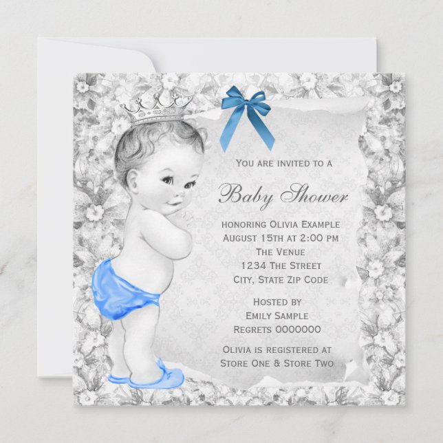 Sweet Baby Boy Blue and Grey Baby Shower Invitation (Front)