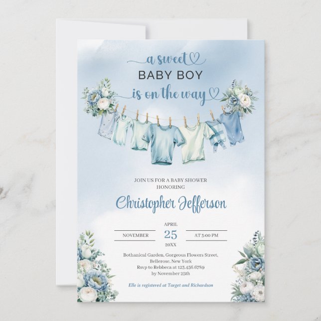 Sweet baby boy blue clothesline baby shower invitation (Front)