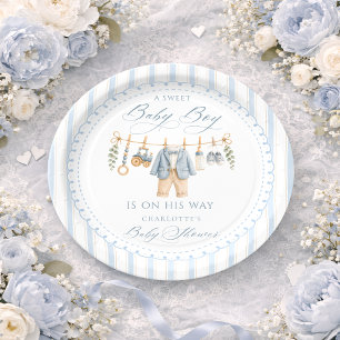 Sweet Baby Boy Clothes Stripes Baby Shower Paper Plate