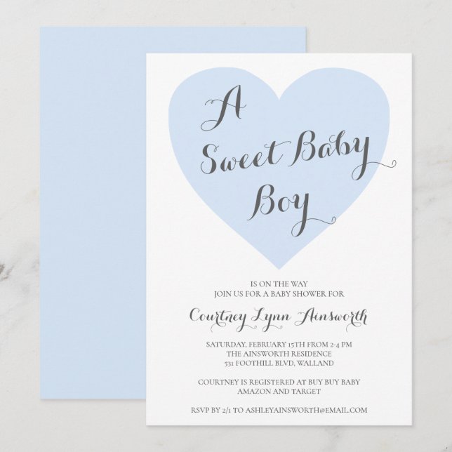 Sweet Baby Boy Cute Pastel Blue Heart Baby Shower Invitation (Front/Back)