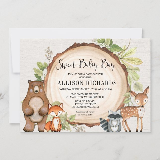 Sweet baby boy forest friends woodland baby shower invitation (Front)