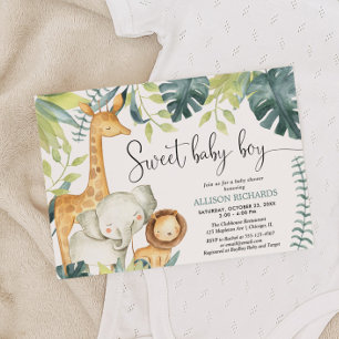 Sweet baby boy safari jungle animals baby shower invitation