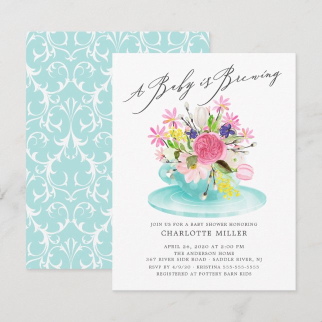 Sweet Baby Brewing Floral Baby Tea Invitation (Front/Back)