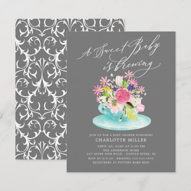 Sweet Baby Brewing Floral Baby Tea Invitation (Front/Back)