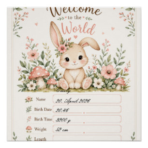 Sweet Baby Bunny Design with Birth Details Fields Poster
