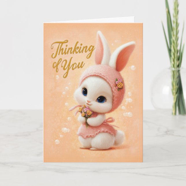 Sweet Baby Bunny in Peach Dress Thinking of You Card (Front)
