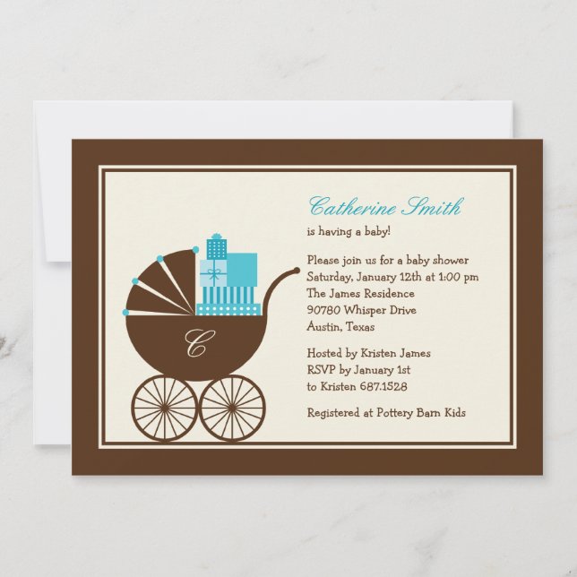 Sweet Baby Carriage Baby Shower Invitation - Blue (Front)