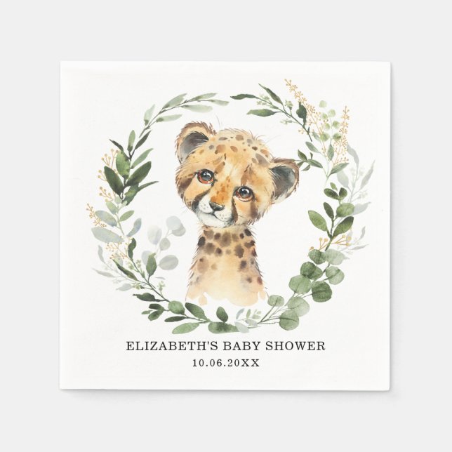 Sweet Baby Cheetah Botanical Greenery Gold Shower Napkin (Front)