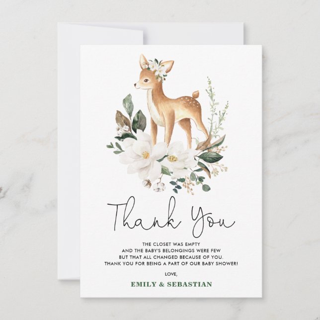 Sweet Baby Deer Ivory Floral Greenery Shower Thank You Card (Front)