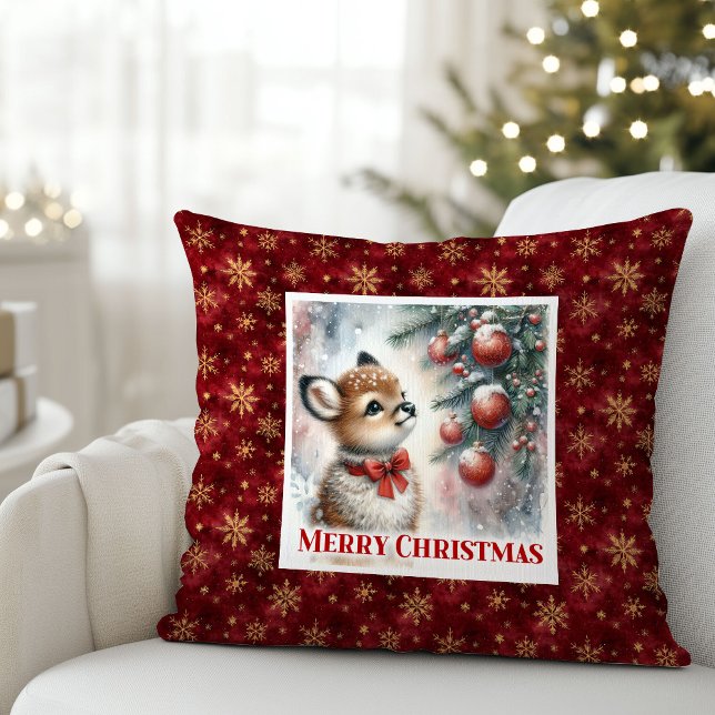 Sweet baby deer snowy forest festive scene kids  cushion (Sweet baby deer snowy forest festive scene kids decor)