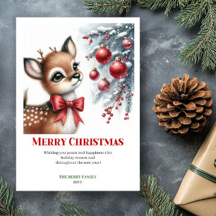 Sweet baby deer snowy forest winter scene greeting holiday card