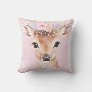 Sweet Baby Deer with Flower Crown Pink Nursery Cushion