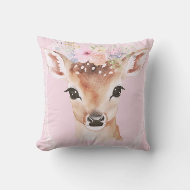 Sweet Baby Deer with Flower Crown | Pink Nursery  Cushion (Front)
