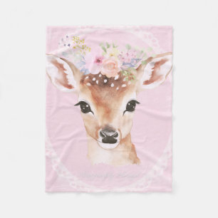 Sweet Baby Deer with Flower Crown Pink Nursery Fleece Blanket