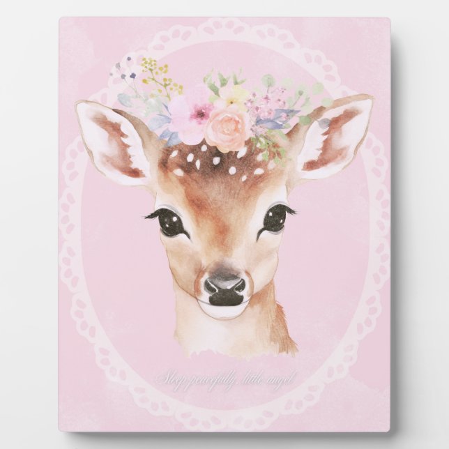 Sweet Baby Deer with Flower Crown | Pink Nursery  Plaque (Front)