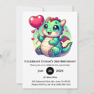 Sweet Baby Dragon with Heart Balloon Birthday Invitation