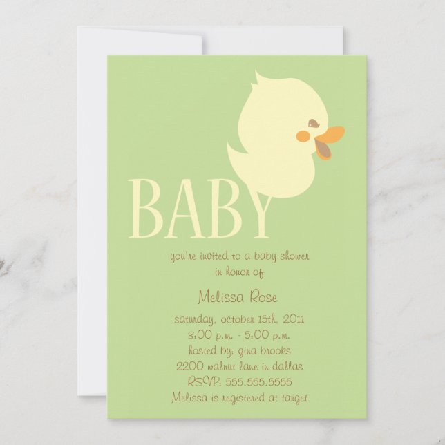 Sweet Baby Duckling With Green Baby Shower Invites (Front)