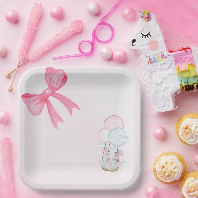 Sweet Baby Elephant Balloon – Pastel Baby Shower  Paper Plate (Party)